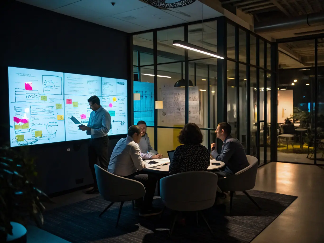 A creative brainstorming session with consultants sketching ideas on glass walls, surrounded by sticky notes and digital devices, illustrating innovative problem-solving in a tech-focused consulting environment.