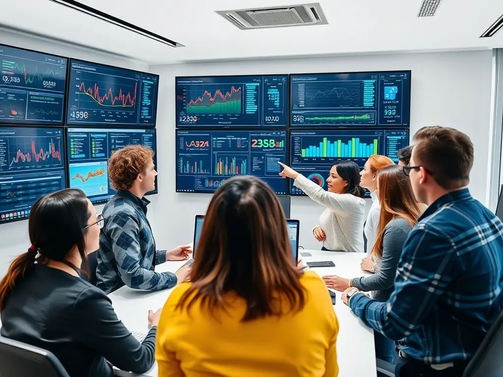 A modern office setting with a diverse group of consultants analyzing data visualizations on large digital screens, conveying teamwork and analytical expertise for a consulting firm’s benefits section.